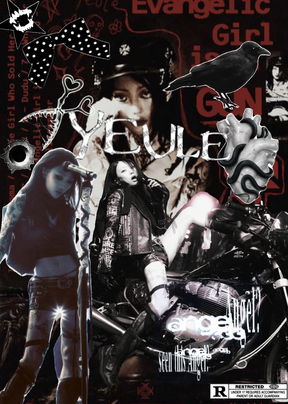 Black, white, and deep red punk collage with a motorbike, raven, anatomical heart, and layered typography