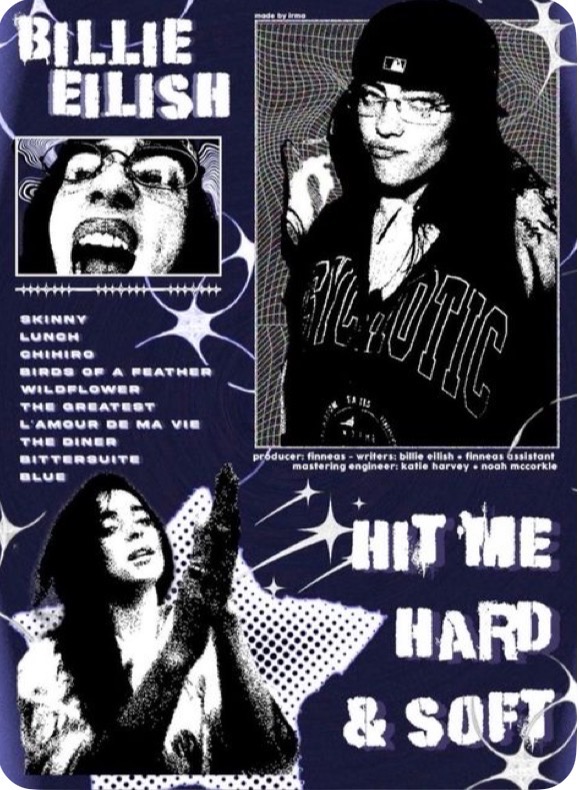 Indigo and white editorial collage with distressed type, stars, portraits, and halftone textures
